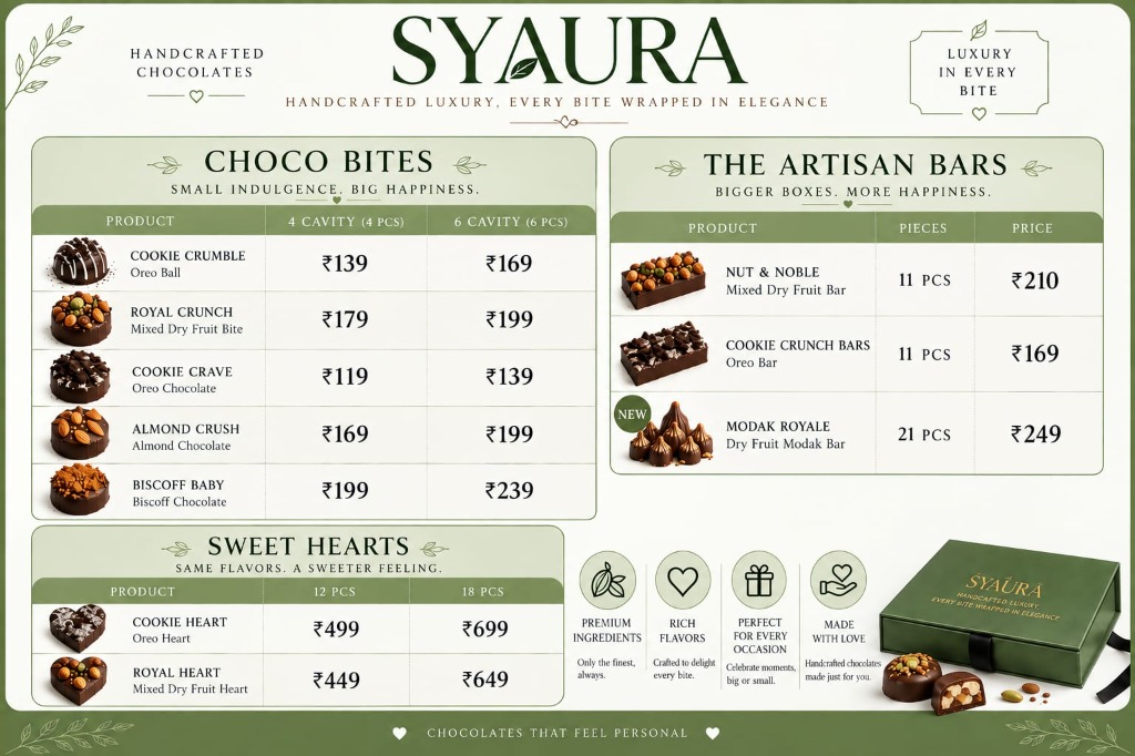 SYAURA Handcrafted Luxury Chocolates Official Price List Card